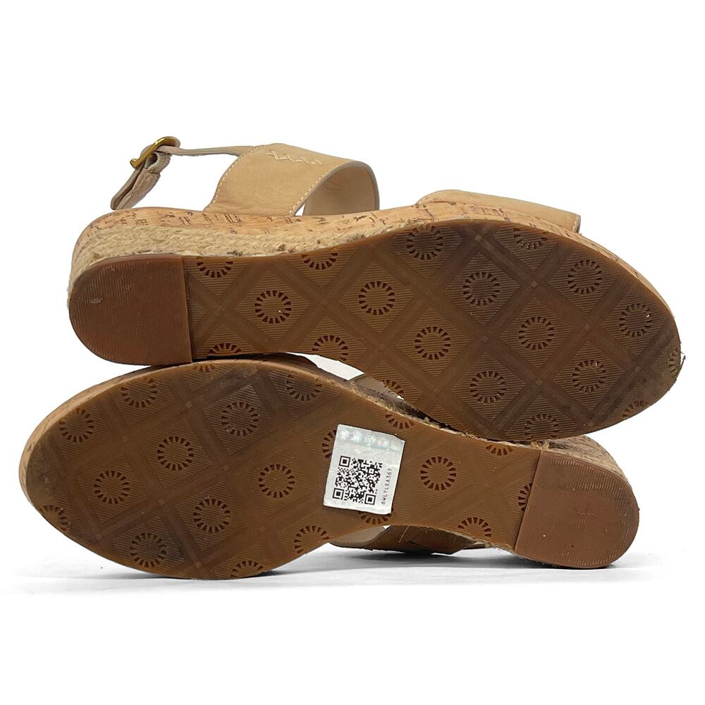 Ugg Elena Wedge Sandals Sz 8.5 Horchata Beige Nubuck Leather 3" Jute Cork Heel - Picture 6 of 11